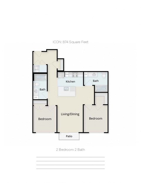 Floor plan for 2 beds, 2 baths, 874 sqft